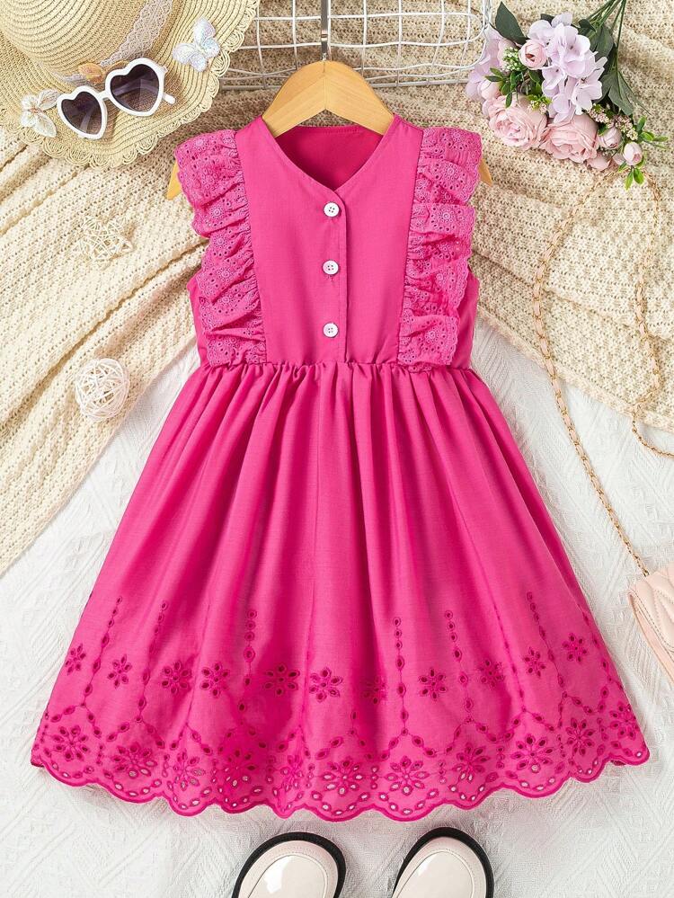 Toddler Girls' Casual Fashionable Sweet Perforated Embroidery Peplum Shirt Dress