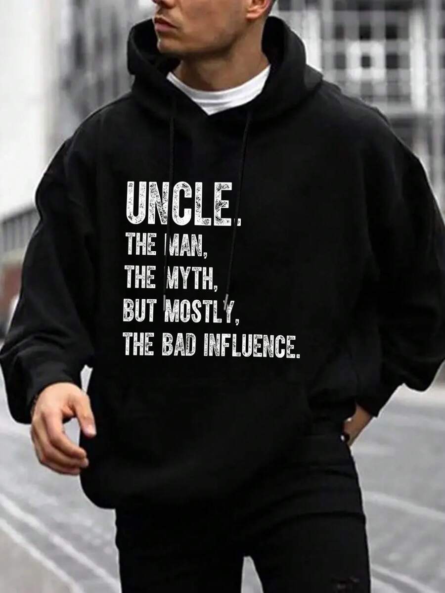 男士口號印花連帽衫 - 黑色 - 查看 1