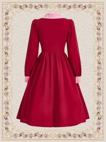 Vintamour Women's Vintage Color Block High Neck Dress - Burgundy - View 2
