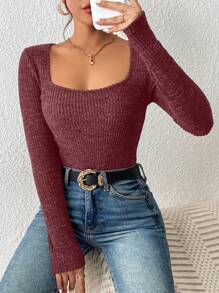 SHEIN Frenchy 女用甜心領口羅紋長袖 T 卹 - 紅色 - 查看 6