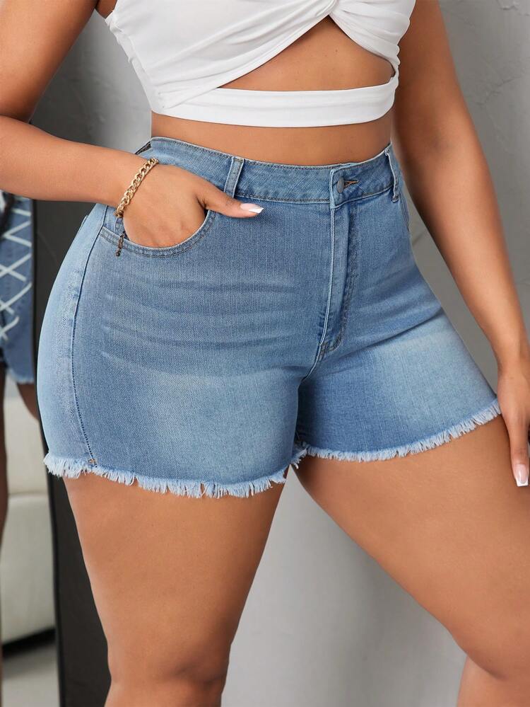 Plus Size Denim Shorts With Criss-Cross Straps, Frayed Hemline