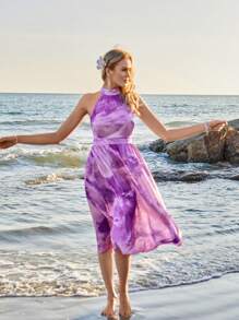 GENKIRA Tie-Dye Print Halter Neck Sleeveless Dress For Women - Multicolor - View 4