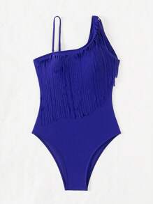 SHEIN Swim Women'S One-Shoulder Asymmetrical Fringe Decoration One-Piece Swimsuit Summer - Navy Blue - View 3
