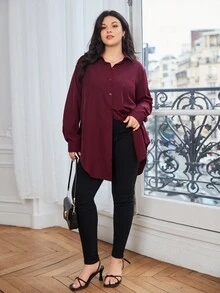 SHEIN Essnce Hơn Chất rắn Nút phía trước Áo sơ mi - Màu Đỏ Sâu - Xem 5