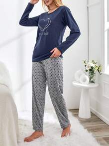 EURMUSE Heart & Slogan Graphic Tee & Pants Lounge Set - Black - View 5