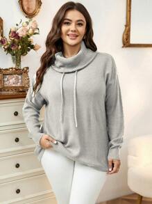 SHEIN LUNE Áo len nữ cỡ lớn cổ cao vai rớt, kiểu dáng chui đầu, thích hợp cho mùa thu đông. - Xám - Xem 4