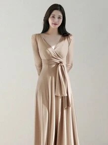 DAZY 女士實色綁帶款連身裙,腰部綁帶設計 - 卡其色 - 查看 1