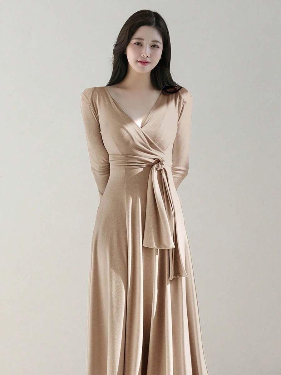 DAZY 女士實色綁帶款連身裙,腰部綁帶設計 - 卡其色 - 查看 1