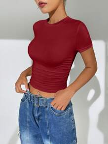 SHEIN EZwear 女士圓領短袖t恤 - 紅色 - 查看 4