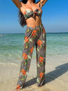 SHEIN Swim Women'S Three Piece Set Plant & Leopard Printed Bandeau Bikini Summer - Multicolor - View 3