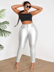 SHEIN ICON Plus Size Made Of Pu Fabric Tight-Fit Pants - Silver - View 6