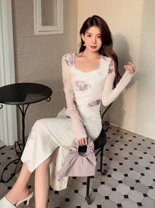 DAZY Váy lưới hoa dài tay dành cho nữ, Quần áo mùa thu dành cho nữ - trắng - Xem 5