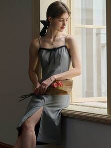 涤纶千鸟格纹系带吊带裙 - 黑與白 - 查看 5