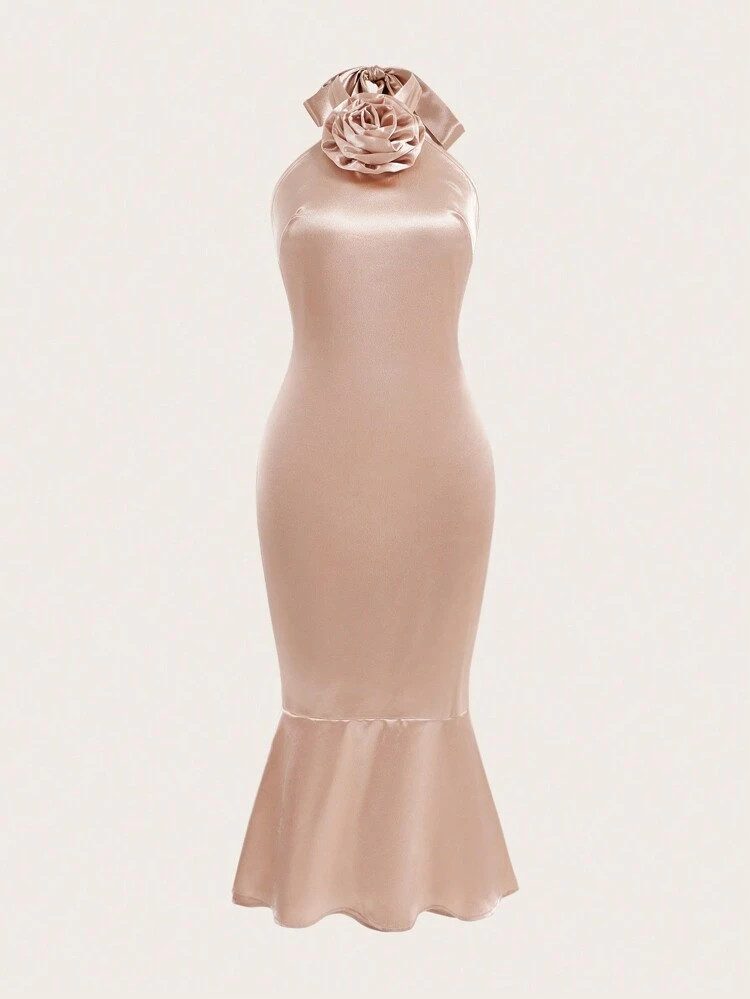 Ladies' Valentine's Day 3d Flower Decor Fish Tail Dress, Satin Tone, Midi Length
