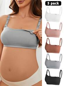 SHEIN Maternity Solid Ribbed Knit Nursing Bra Set, 5pcs - Multicolor - View 1