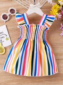 SHEIN 嬰兒女孩條紋西瓜刺繡荷葉邊短袖裙 - 彩色 - 查看 2