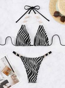 SHEIN Swim Conjunto de Maiô Bikini Separado de Listras Colorblock para Praia no Verão - Multicolorido - Visão 7