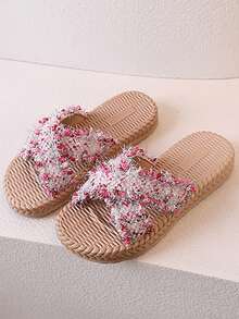 女孩舒適平底涼鞋,附花卉交叉帶,舒適透氣 - 粉色 - 查看 3