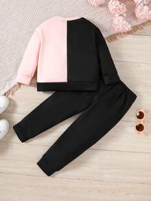 SHEIN 女孩2入組休閒運動服,拼色字母印花運動衫和運動褲,適合秋冬季節 - 黑色 - 查看 2