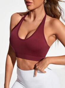 SHEIN Yoga Basic Women's Backless Halter Neck Sports Bra - Burgundy - View 4