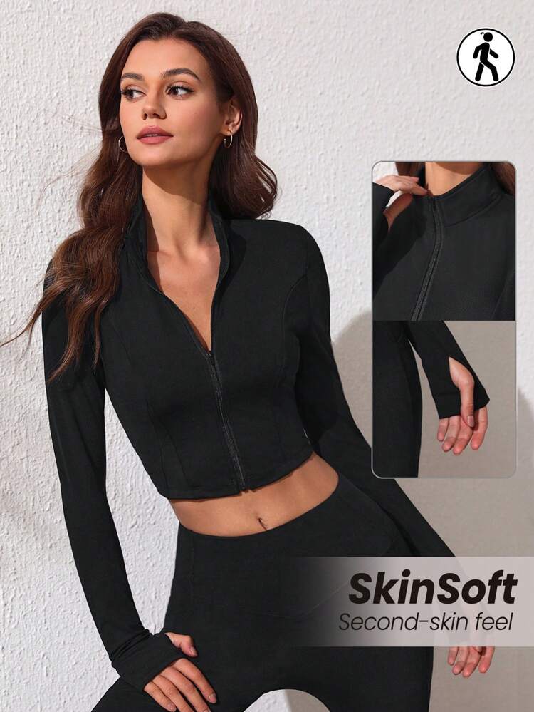 Solid Color Stand Collar Zipper Closure Long Sleeve Sports Jacket