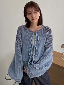 FRIFUL 女士罗纹针织系带开衫、长袖上衣 - 藍色 - 查看 1