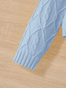 SHEIN Tween 女孩休閒寬鬆高領長袖絞花針織毛衣 - 淺藍色 - 查看 5