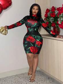 Slaydiva Plus Size Rose Pattern High Neck Bodycon Dress
