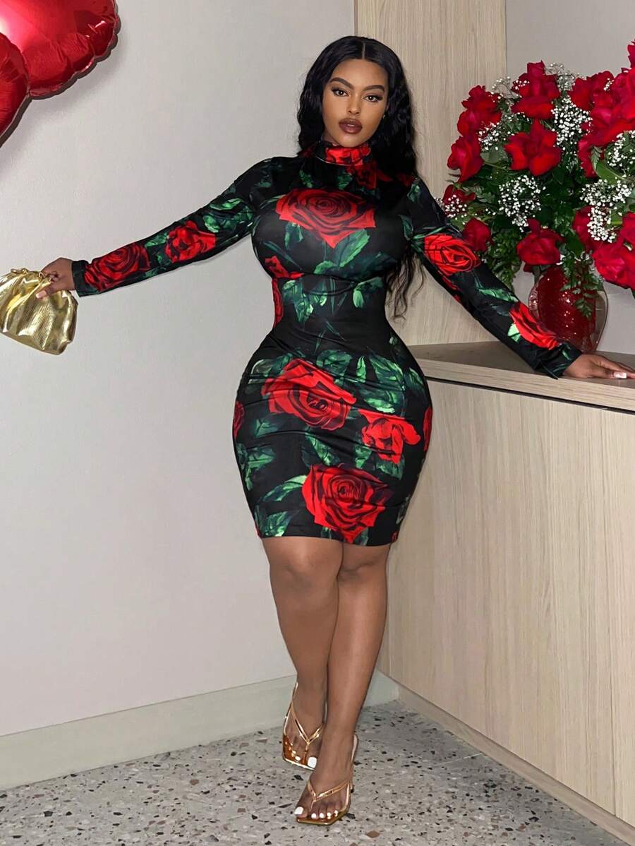 Slaydiva Plus Size Rose Pattern High Neck Bodycon Dress