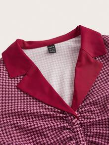 Vintamour Women's Houndstooth Pattern Pleated Long Sleeve Top And Skirt Set - Pink - View 9