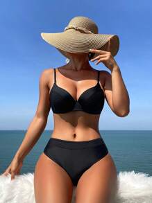 SHEIN Swim Bộ bikini hai mảnh màu trơn dành cho nữ đi biển mùa hè Carnival - màu đen - Xem 3