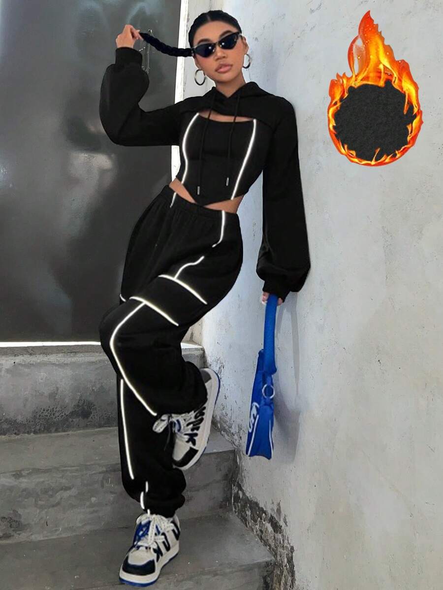 Coolane Của phụ nữ Xu hướng: Cắt giảm Dây rút Hoodie Và Quần Bộ - màu đen - Xem 1