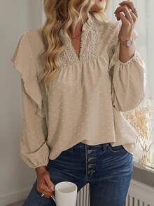 Breezaya Lace Trimmed Notched Neckline Jacquard Blouse,Long Sleeve Tops Fall Cloth For Women - Khaki - View 4