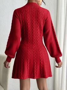 SHEIN Privé Women's Solid Color Lantern Sleeve Knitted Sweater Dress - Red - View 2