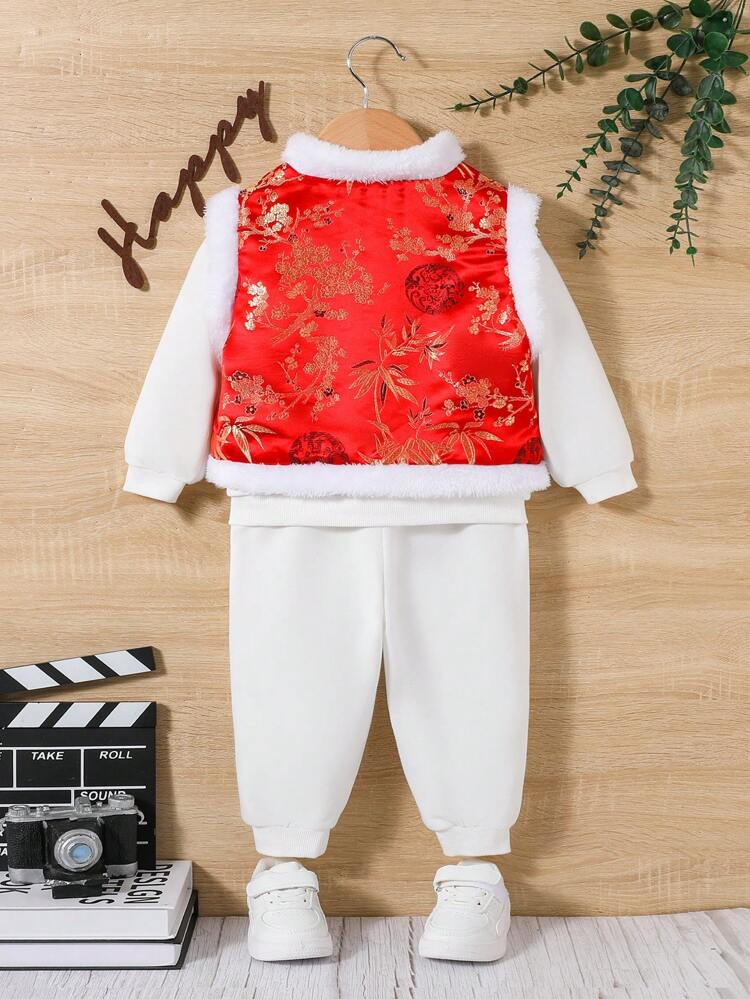 Baby Boys' Chinese Style Round Neck Fleece Sweatshirt, Long Pants And Vest Set