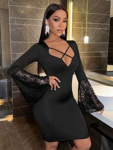 SHEIN Slayr Women's Lace Trumpet Sleeve Bodycon Dress - Black - View 3