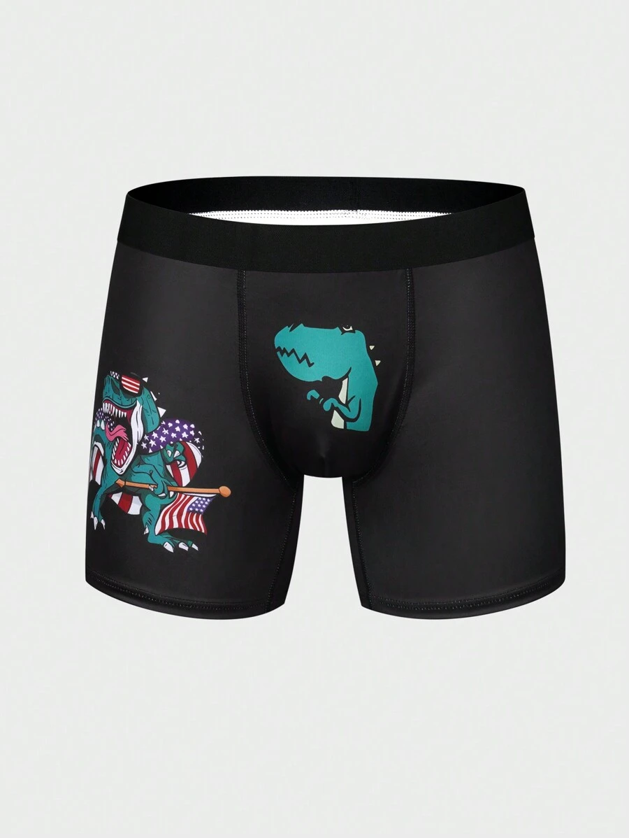 Men'S Cartoon Dinosaur Printed Boxer Briefs - Black - View 1
