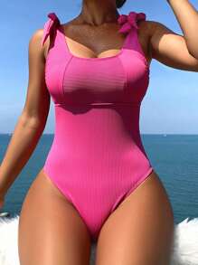 SHEIN Swim 女士连体泳衣（带肩带）嘉年华夏季 - 玫紅色 - 查看 8
