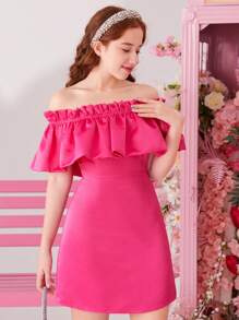 SHEIN Teenage Girls' Solid Color Woven Off Shoulder Casual Dress - Hot Pink - View 6