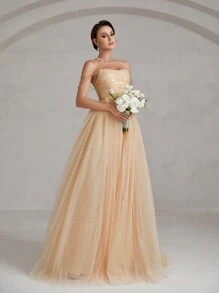 Chain Detail Mesh Prom Tube Gown Ball Gowns Woman Formal - Apricot - View 5