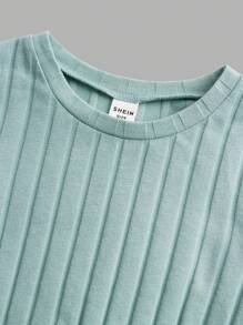 SHEIN Áo thun dệt kim ngắn tay có gân màu trơn dành cho nữ sinh Tween (3 gói) có đường viền cổ tròn - Màu xanh Cadet - Xem 4