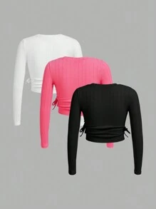 SHEIN Tween Girl Knitted Ribbed Solid Round Neck Casual T-Shirt 3pcs/Pack - Watermelon Pink - View 2