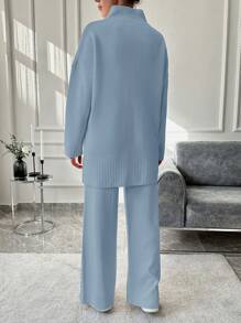 EURMUSE Women's Half-Zip Pullover Sweater And Knitted Pants Set With Zip Fly - Baby Blue - View 2