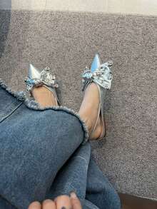 Women's Butterfly Shaped Rhinestone Detail Flat Sandals With Pointed Toe - Silver - View 1