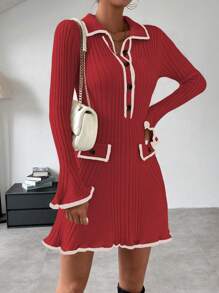 Chiquease 女士彩色拼接邊波浪袖毛衣連衣裙 - 紅色 - 查看 8