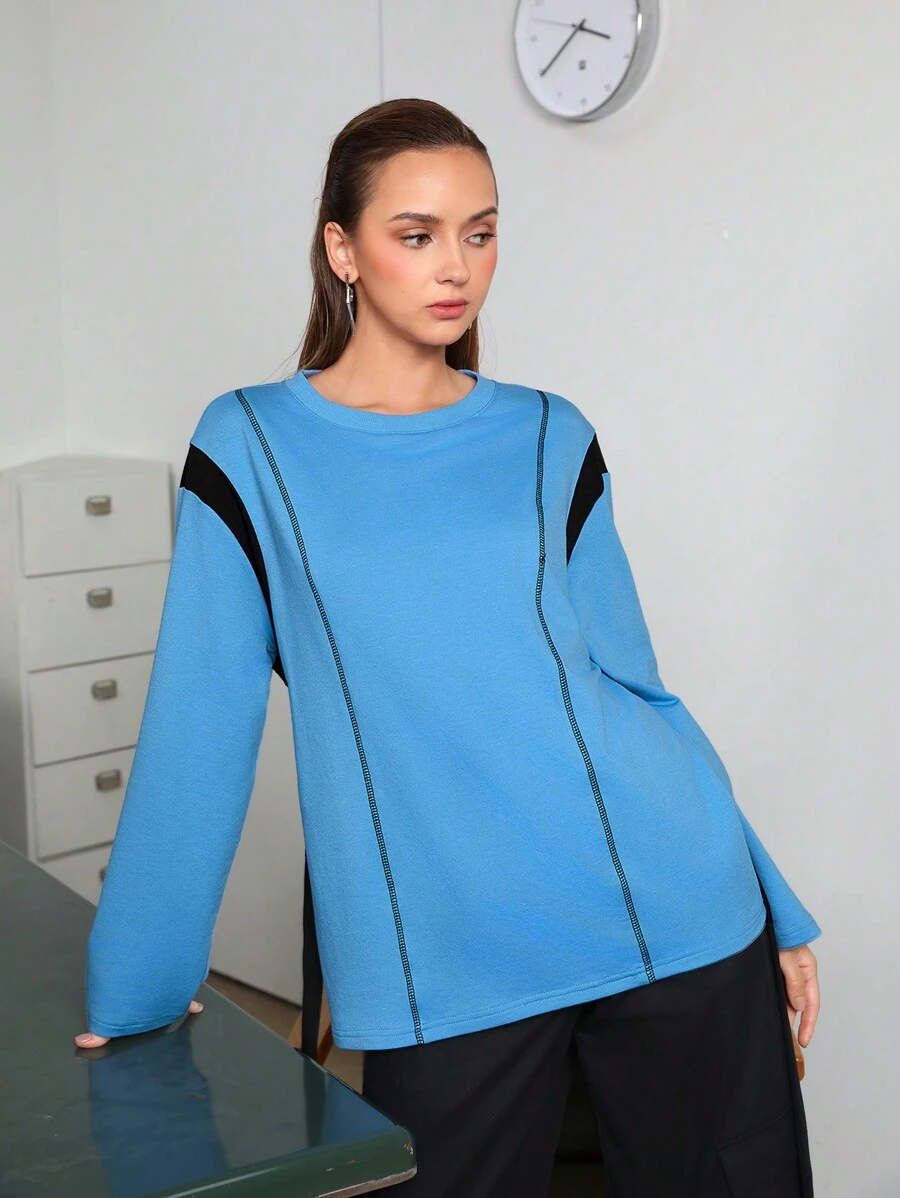 SHEINNeu Camiseta De Manga Larga Para Mujer Con Detalles De Costuras En Contraste - Azul - Ver 1