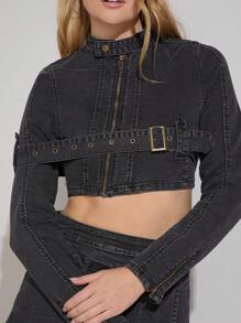 Denimoi Conjunto De Chaqueta Corta De Mezclilla Con Cremallera Frontal Y Falda De Mezclilla Con Decoración De Correa Para Mujer