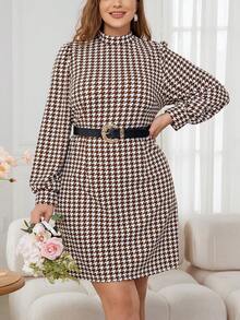 SHEIN Privé 大碼女裝立領千鳥格緊身連衣裙 - 咖啡棕 - 查看 4