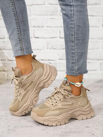 Women's Casual Thick Bottom Running Sneakers, European And American Style, Mesh Breathable Lace-Up Chunky Sneakers, Color Block Patchwork Design, Breathable Mesh Lining, Non-Slip Sports Shoes. Fashionable College Style Casual Vacation Sports Shoes