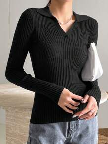 DAZY 女士修身長袖毛衣,立領設計 - 黑色 - 查看 1